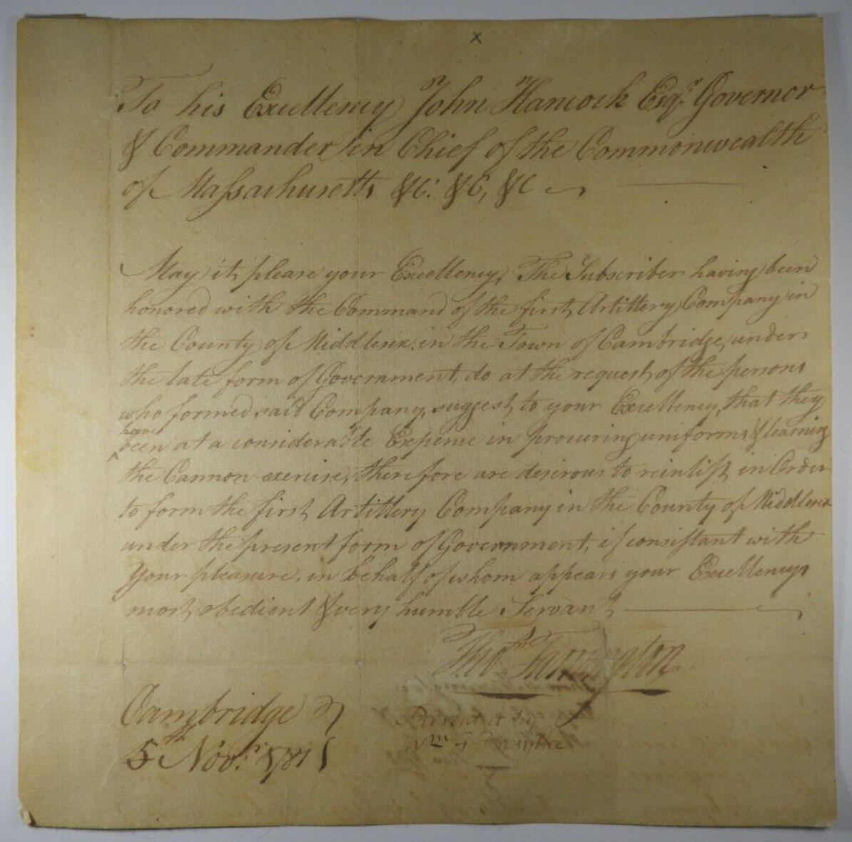 1781 Letter to John Hancock Requesting Formation of First MA Artillery Company