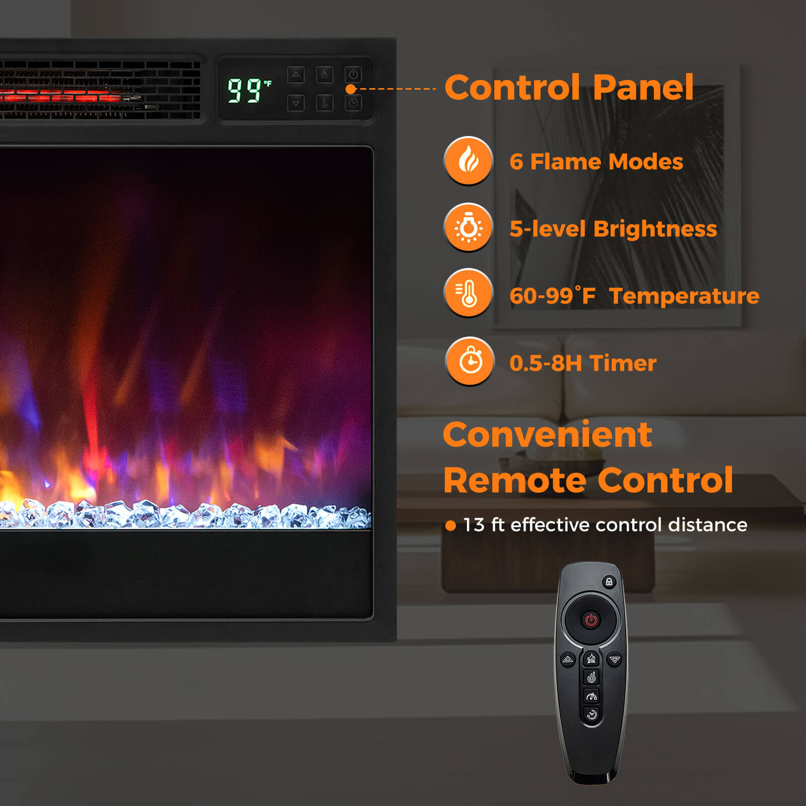 23" Infrared Quartz Electric Fireplace Insert with Remote Control