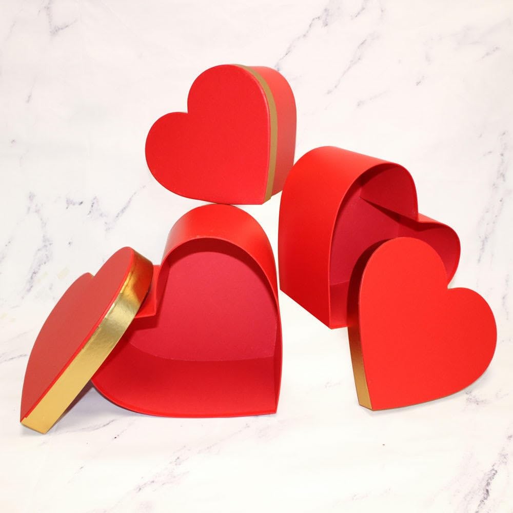 Creative Ideas Heart-Shaped Gift Boxes Red with Gold Trim Nesting Storage Con...