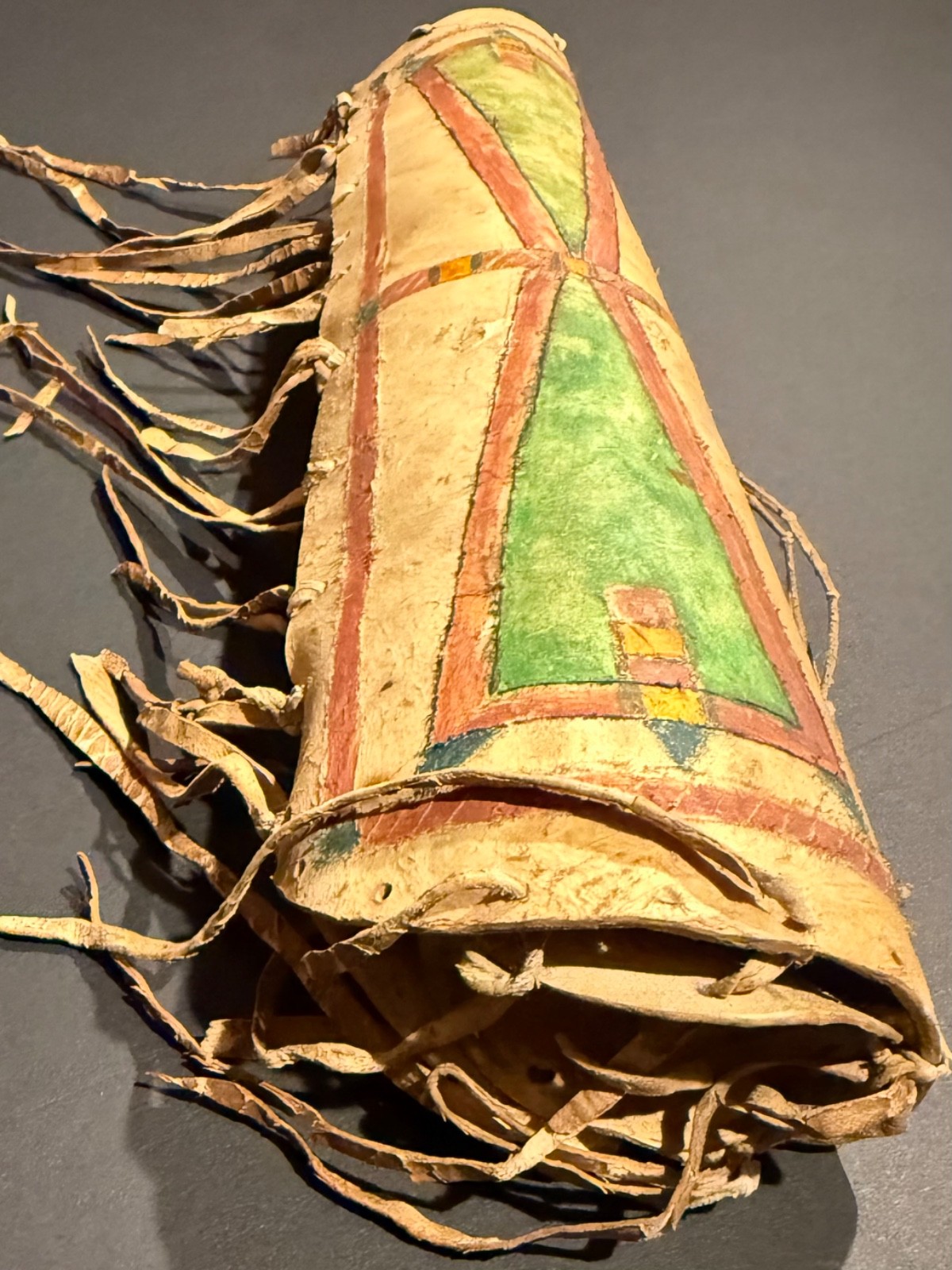 19TH C PLAINS PAINTED PARFLECHE CYLINDER CASE WITH FRINGE, EXCELLENT, NR!