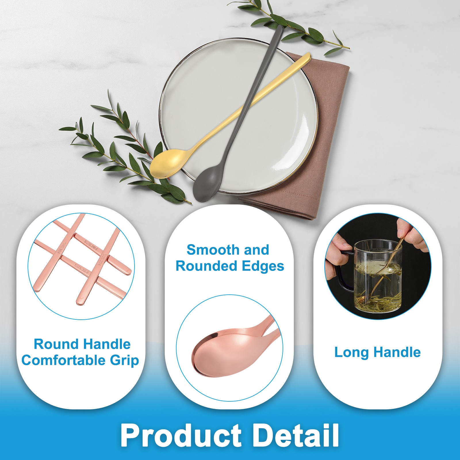 Long Handle Iced Tea Spoon, 4 Pcs 6" Stainless Steel Long Spoons, Rose Gold