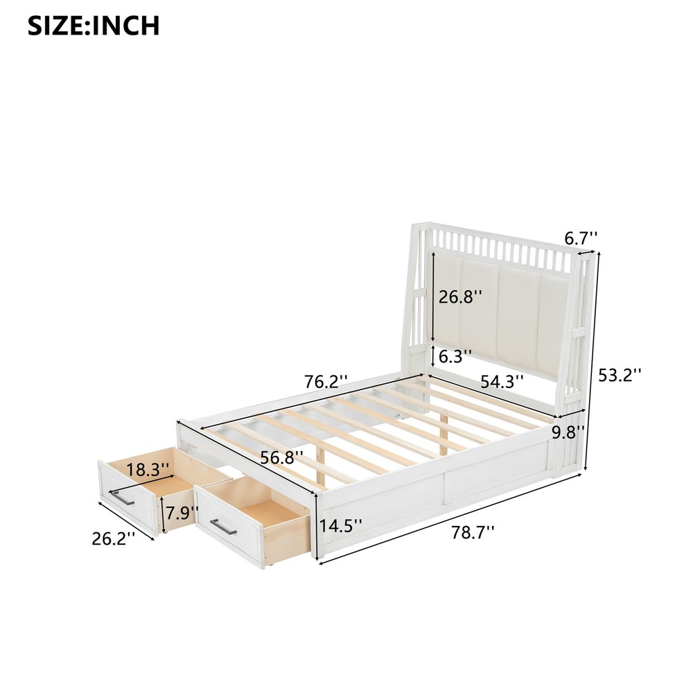 Full/Queen Size Bed Frame Upholstered Platform Bed Frame with 2 Drawers White