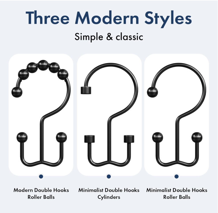 12 Ganchos Doble para Cortina Ducha Negro Mate Antióxido Metal, Nuevo