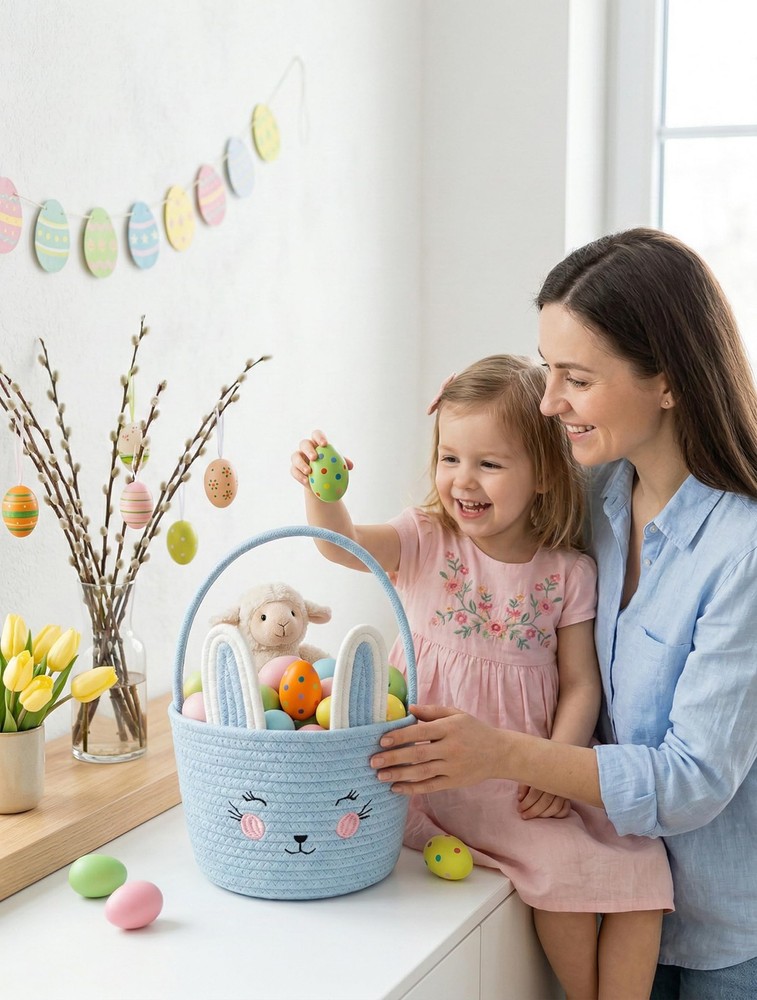 PopMeme Easter Basket, Easter Bunny Baskets with Handle, Cute Woven Cotton Ro...