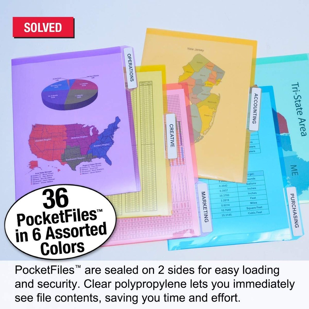 PocketFile Clear Poly Document Folder 3-Cut Tab Letter Size 36 Pack 6 Colors
