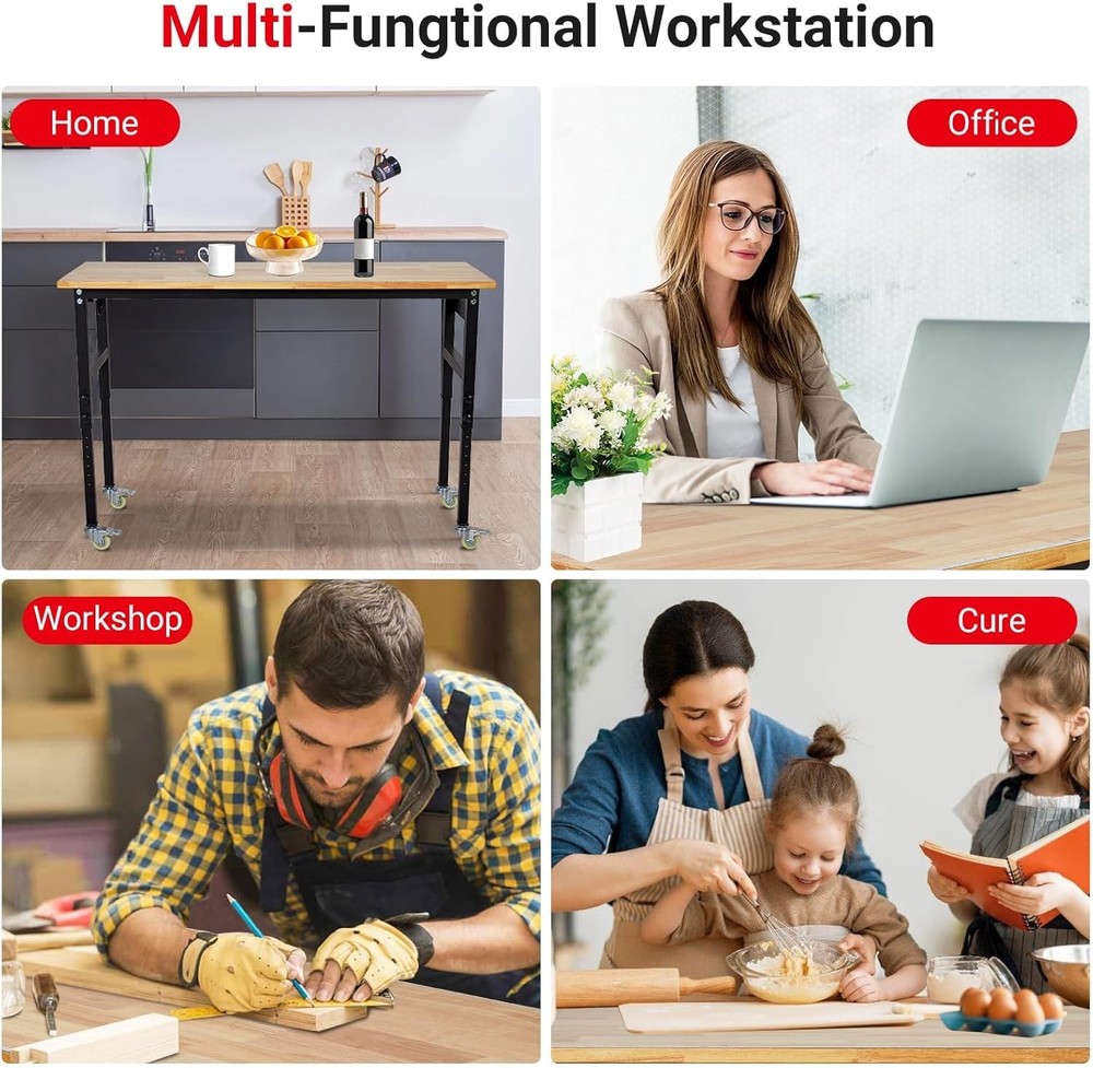 Adjustable Height Workbench 48" x 24" Work Bench Table w/Pegboard &Hooks 2200lbs