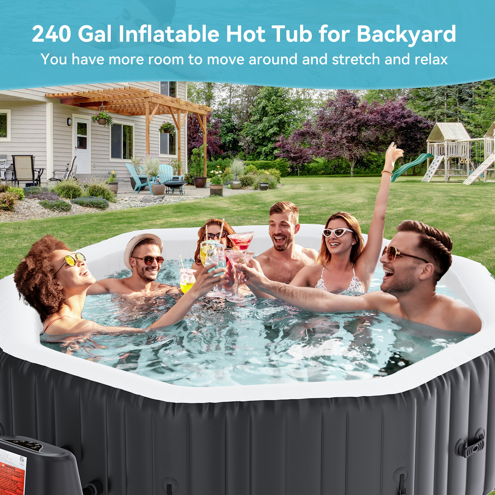 SLSY Octagon 6 Person Inflatable Hot Tub Spa with 130AirJets and Insulated Cover