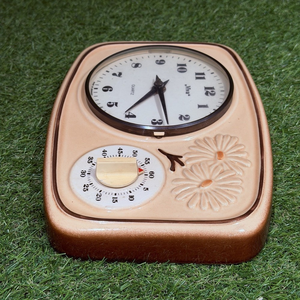 Vintage Retro Beige Flowered Ceramic German Kitchen Wall Clock/Timer/Working