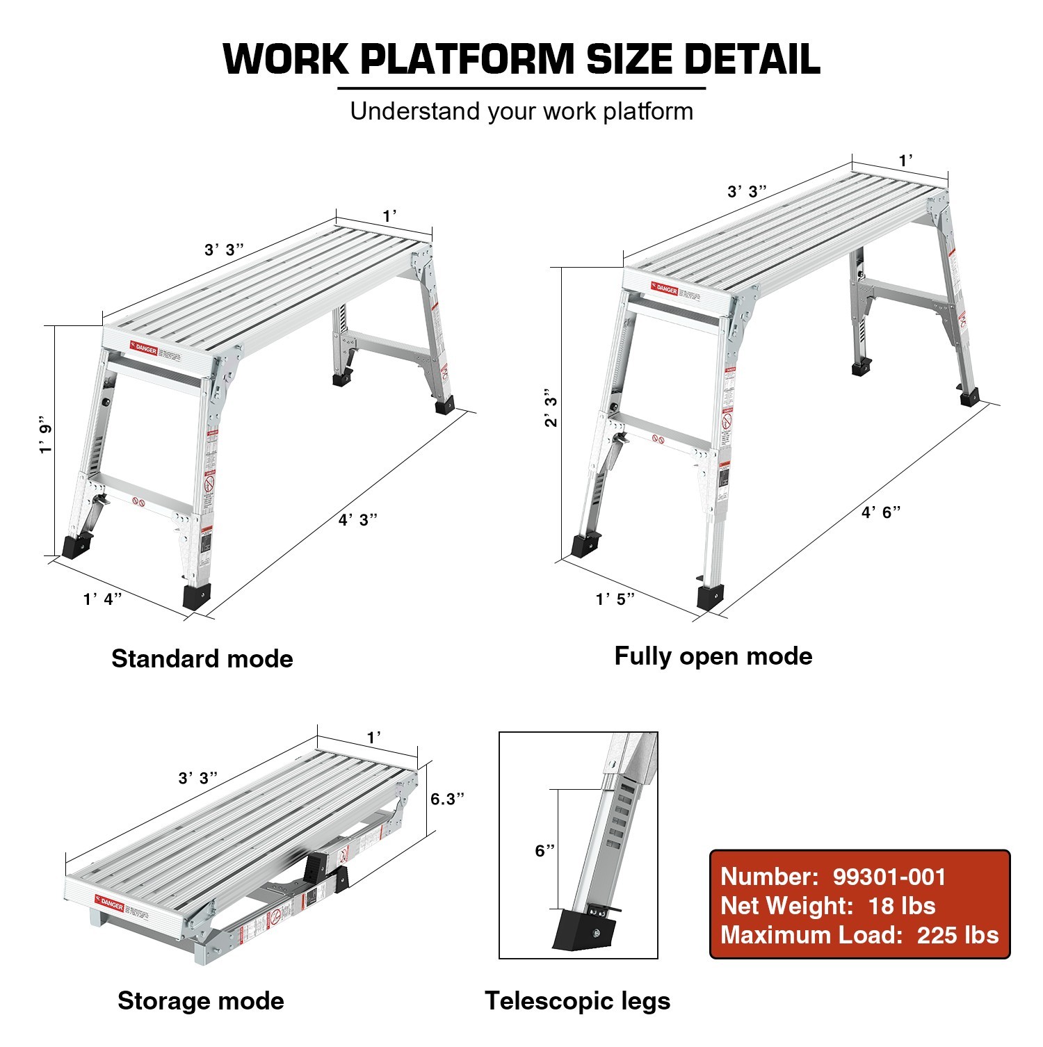 Adjustable Work Platform Ladder Aluminum Step Stool Portable Bench Folding