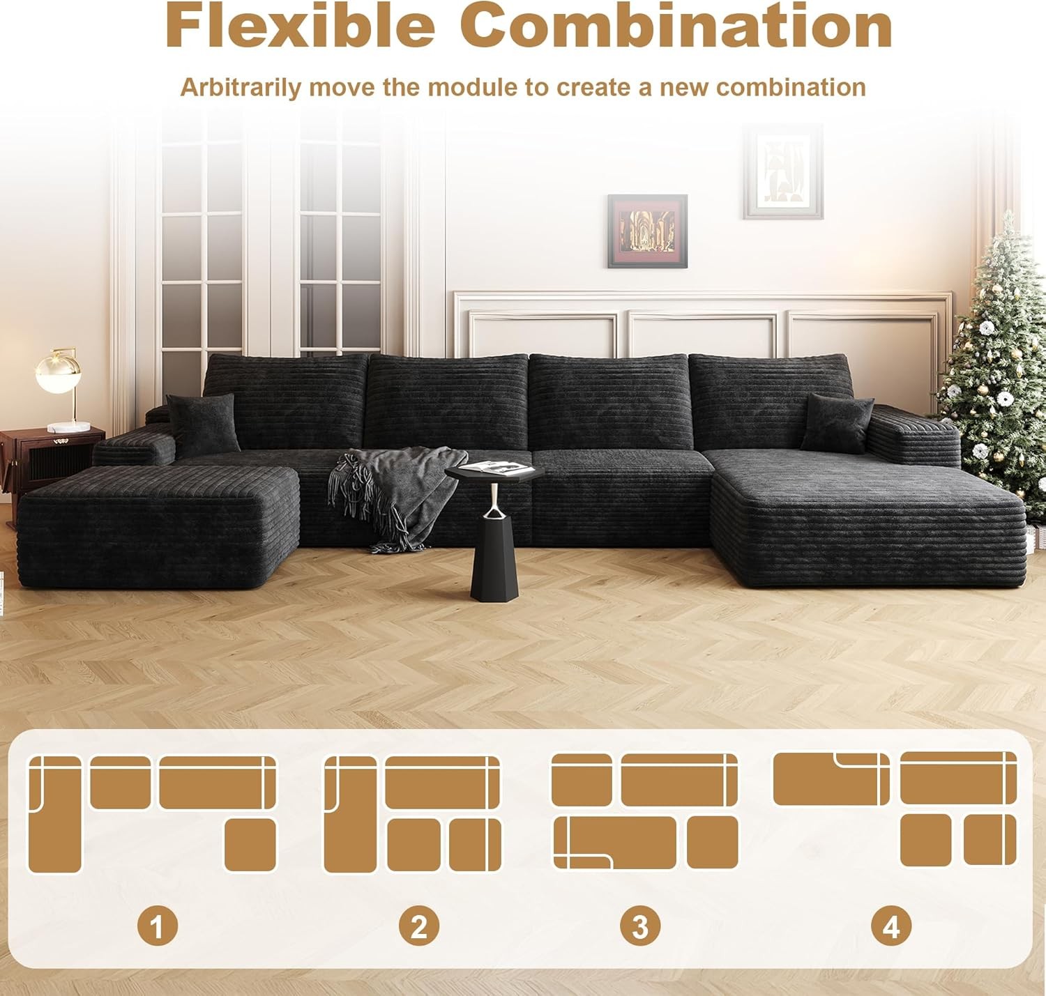 135"Boneless Couch Sectional Cloud Sofa Corduroy Left Facing Chaise with Ottoman