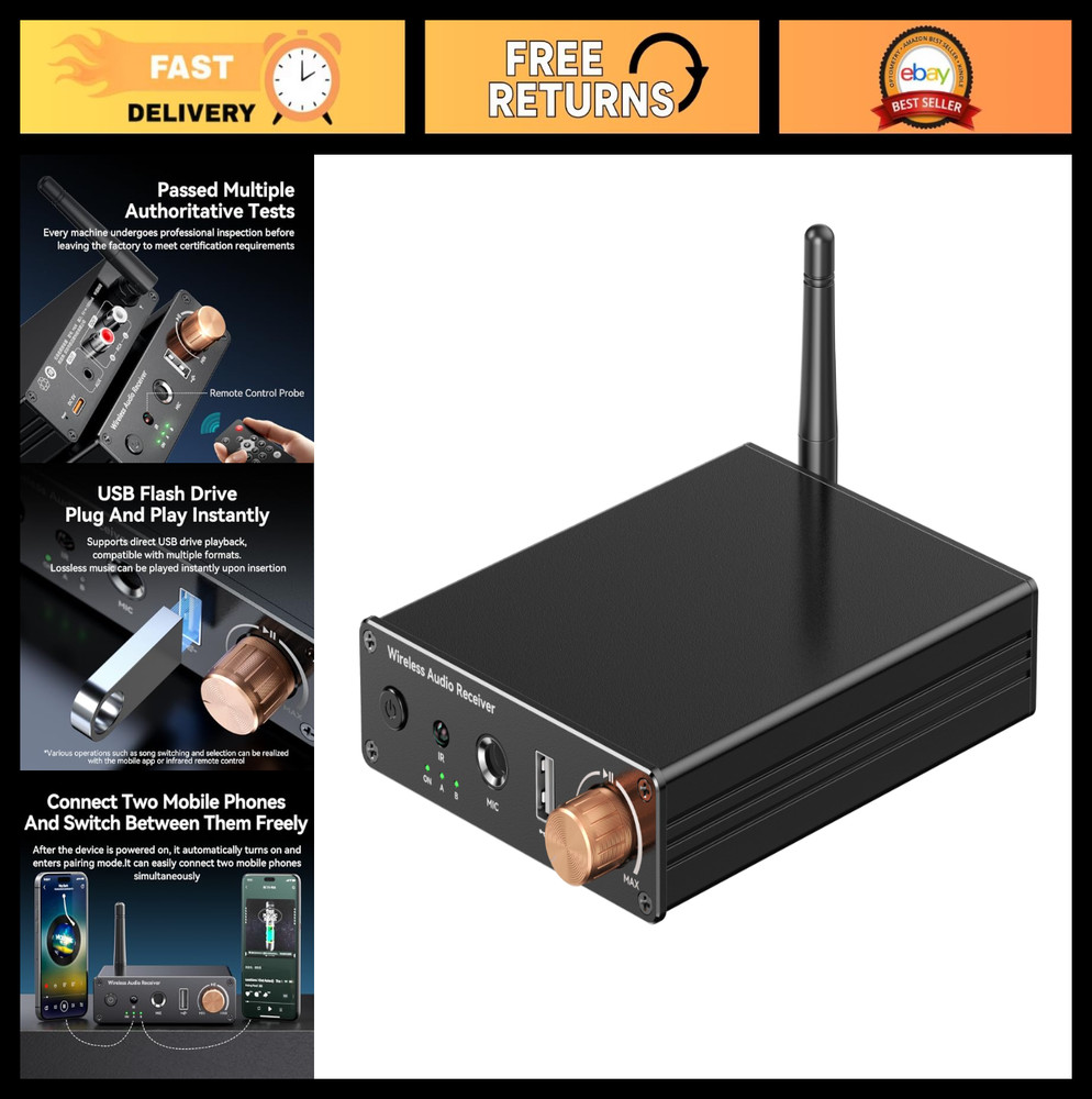 Bluetooth 6.0 Audio Receiver Adapter, Wireless 3.5mm AUX RCA for Home Stereo & H