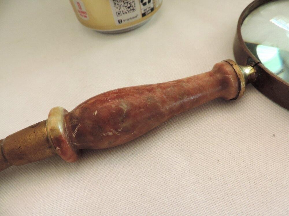 Large Vintage Brass Horse Head Stone Handled Desk Magnifying Glass 11"