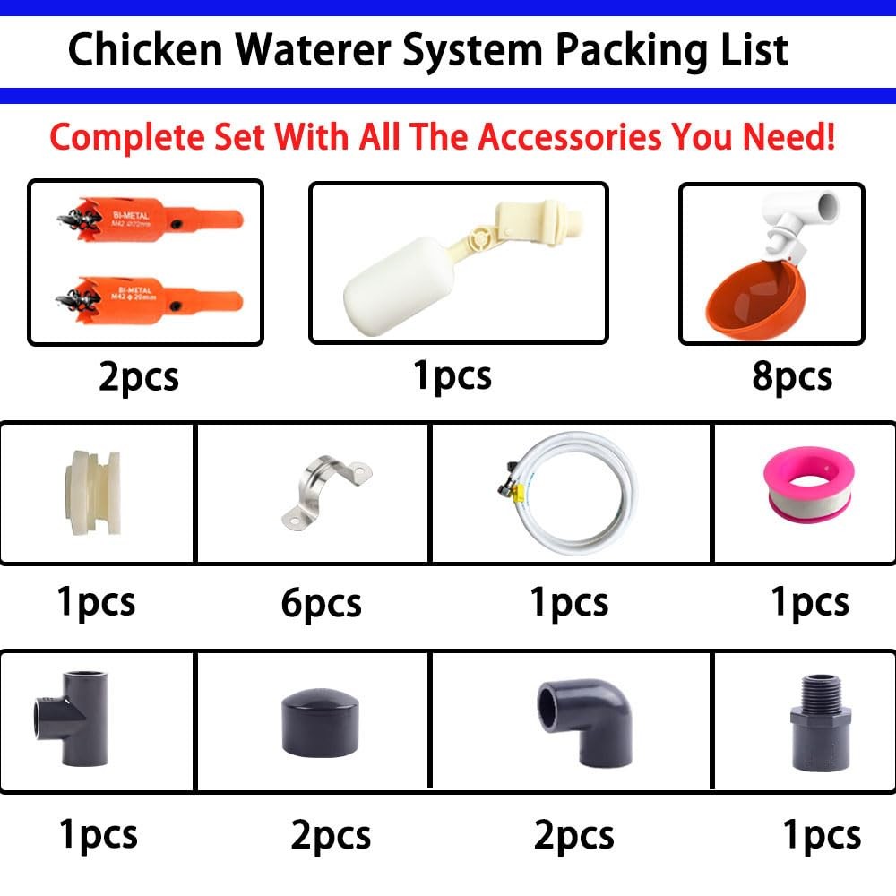 Complete Set Pipeline Automatic Chicken Watering System, 1/2" PVC Tee Fitting...