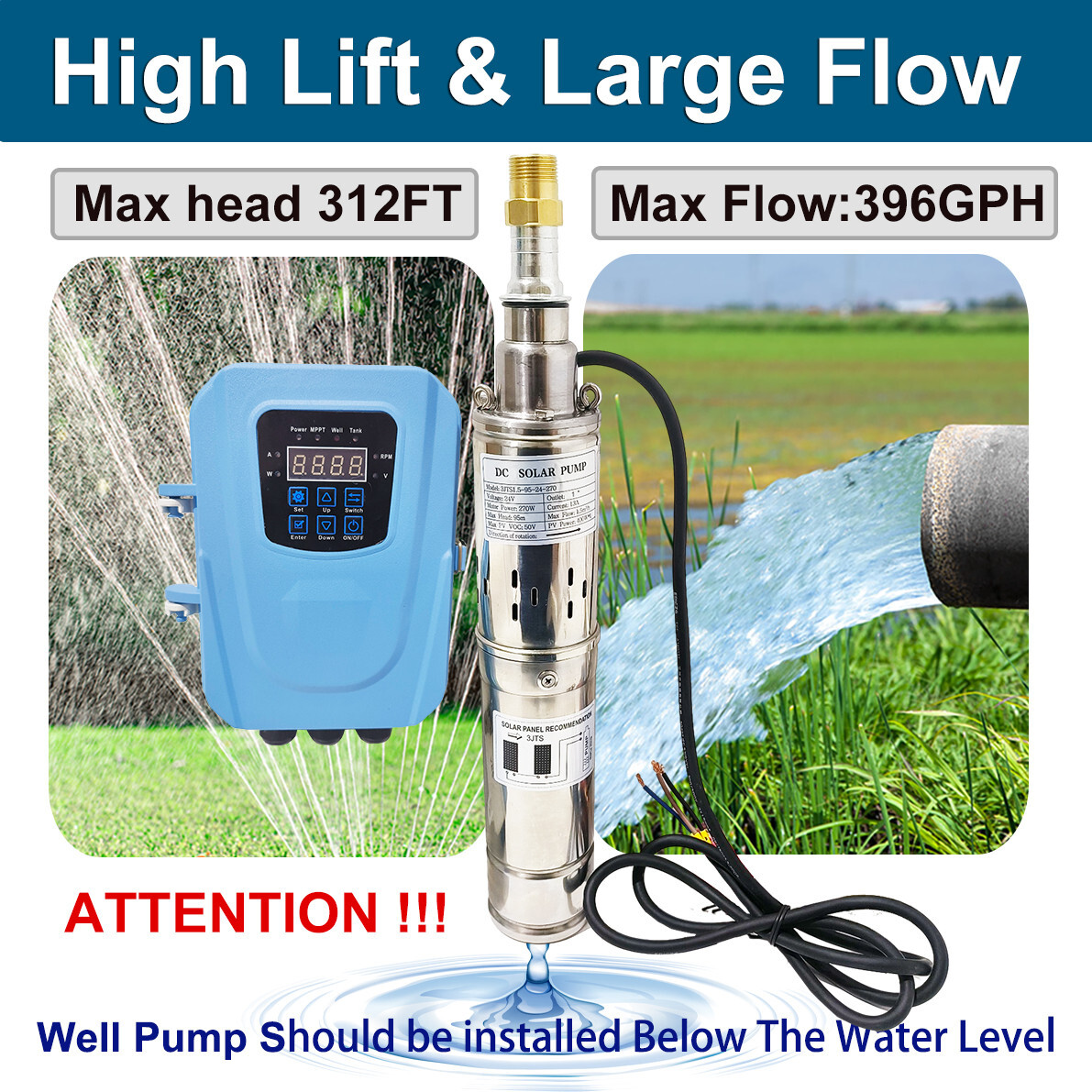270W 3" Solar Pump Submersible Pump Bore DC 24V Deep Well Pump + MPPT Controller