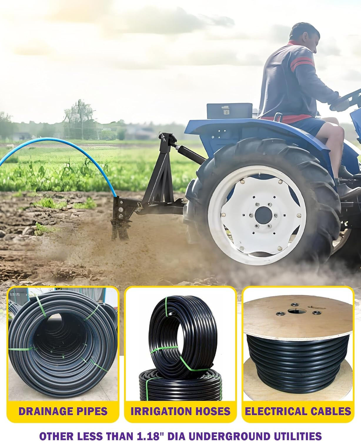 Pipe Layer Attachment Fits Any 3-Point Hitch Mounted Ripper Hitch Lawn Subsoiler
