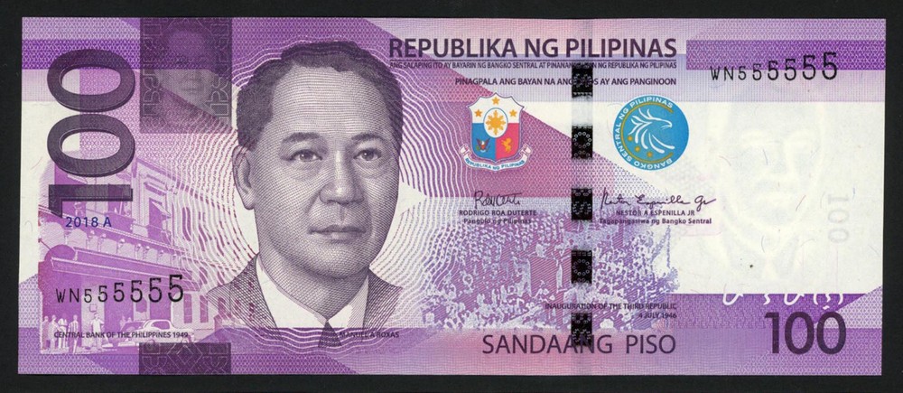 2018 A NEW GENERATION 100 Pesos Duterte SOLID NO. WN555555 Philippine Banknote