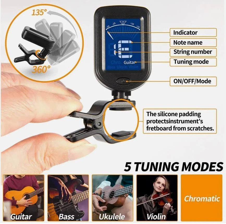 1X Clip-On LCD Digital Tuner for Guitar Bass Violin Ukulele Chromatic AT-01A NEW
