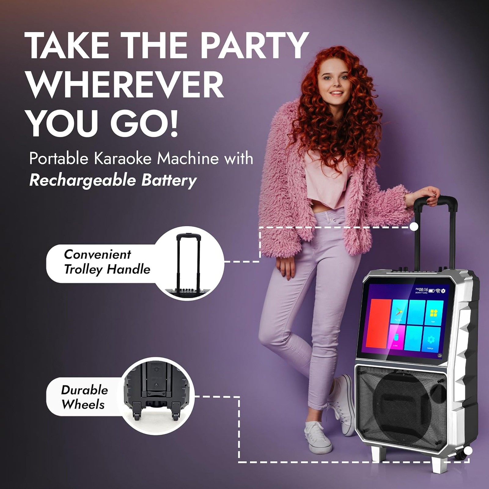 Professional Karaoke Machine Bluetooth Speaker Lyrics Display Screen w/ Mic DJ