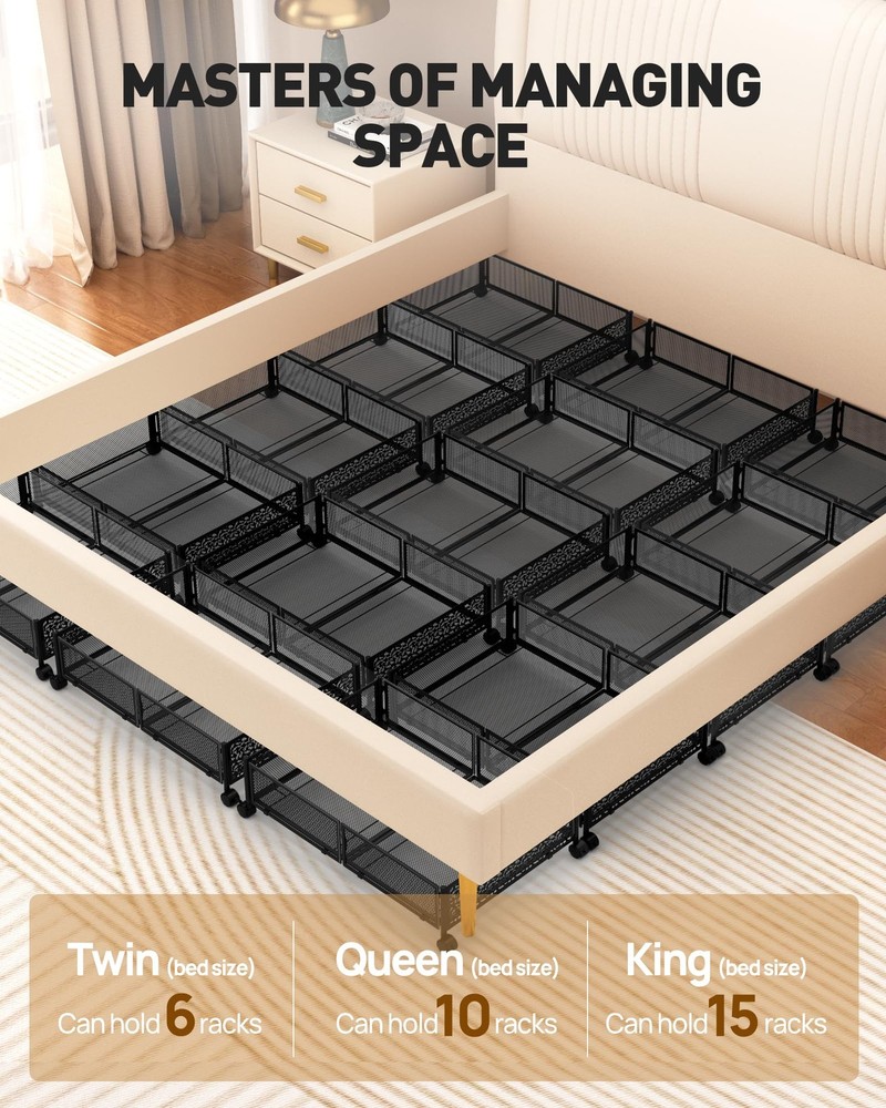 Under Bed Storage with Wheels, Foldable Pattern Carved Metal Under Bed Storag...