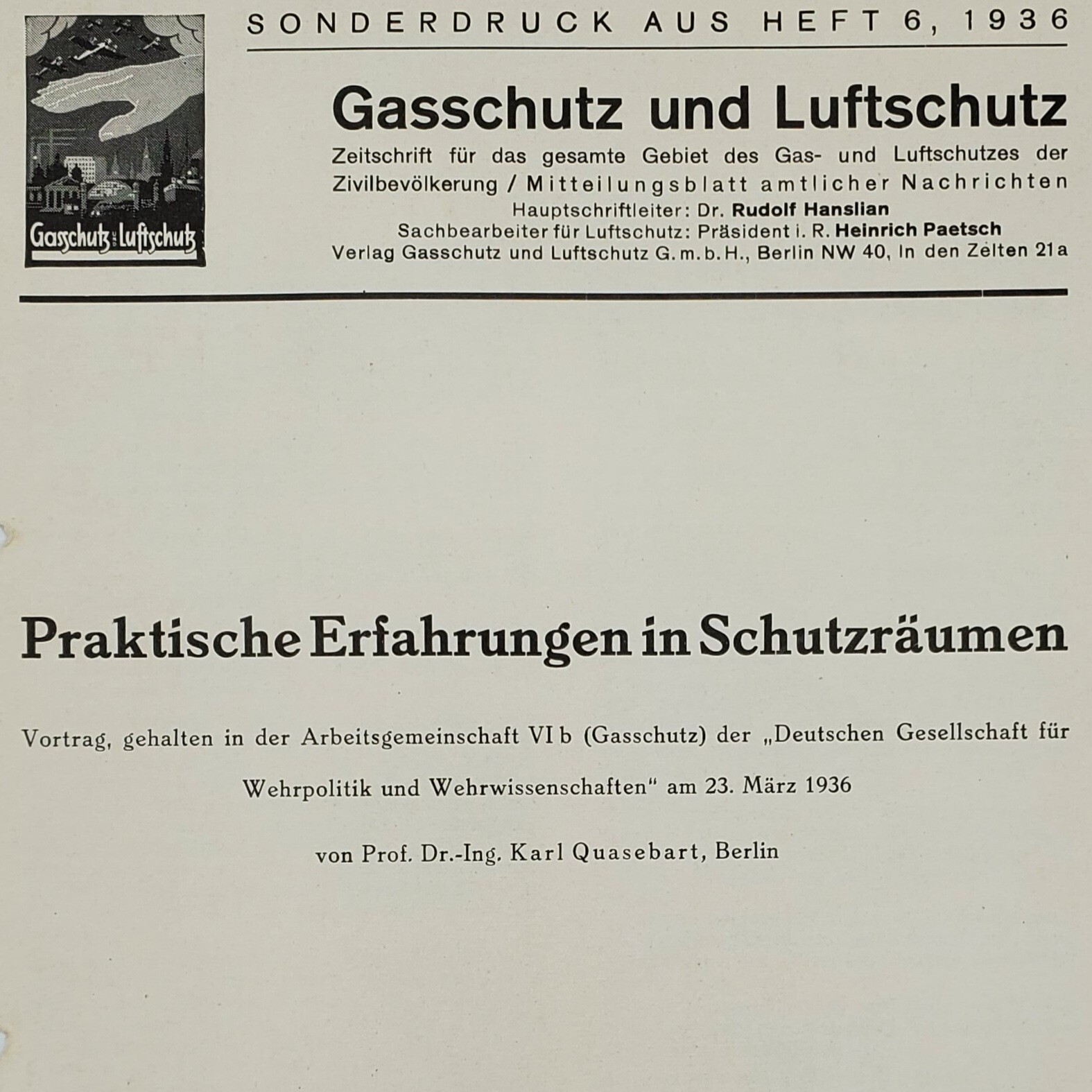 1936 German Luftschutz Gasschutz Air Raid Shelter Sonderdruck Quasebart WW2 Gas