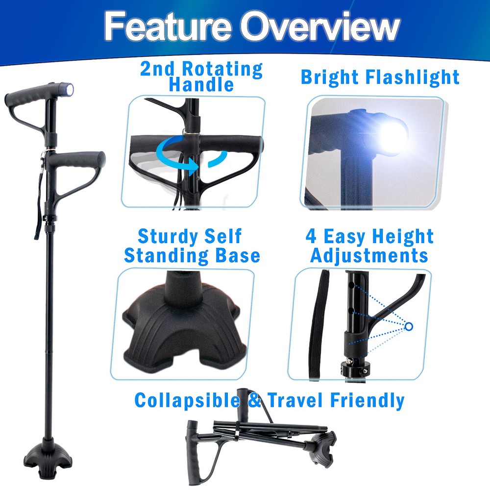 Walking Cane w LED Light 2nd Rotating Support Handle Folding Self Standing Base