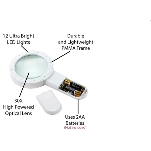 Jumbo Handheld Magnifying Glass w/ 12 Bright LED Light Illuminated 30X Magnifier