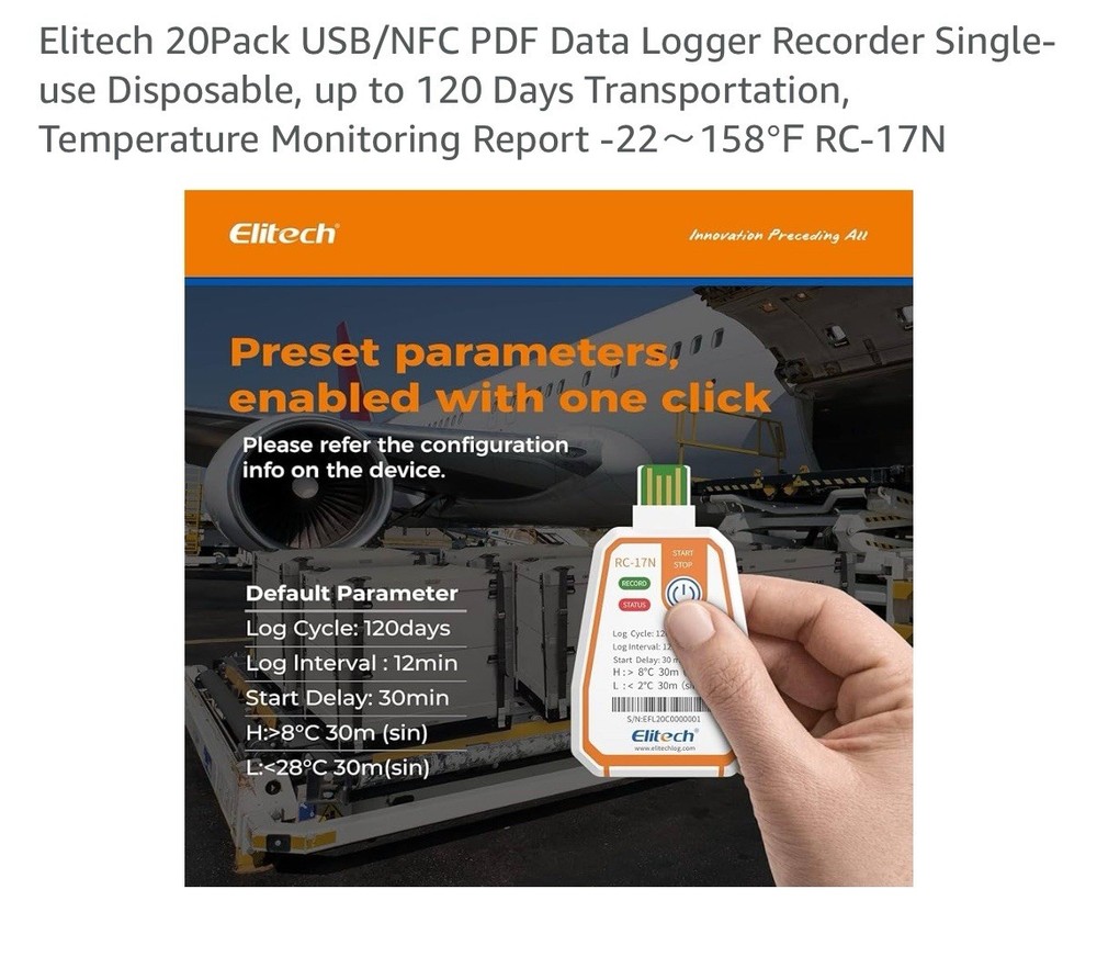 Elitech RC-17N USB PDF Temperature tracker Data Logger-22-158℉ Disposable 20pack