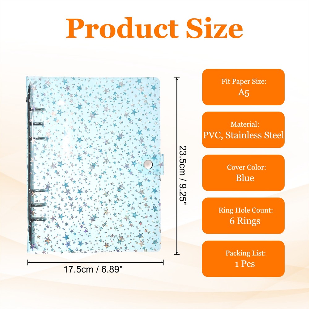 A5 Binder Cover, Stars Refillable Notebook Shell with Snap Button, Blue