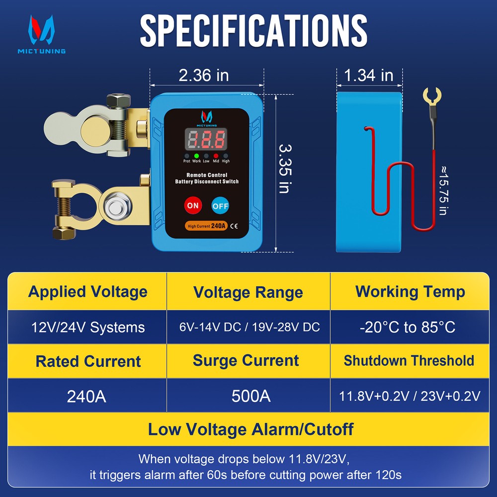 Remote Battery Disconnect Switch 240A Kill Switch LED Voltmeter Display, 12/24v