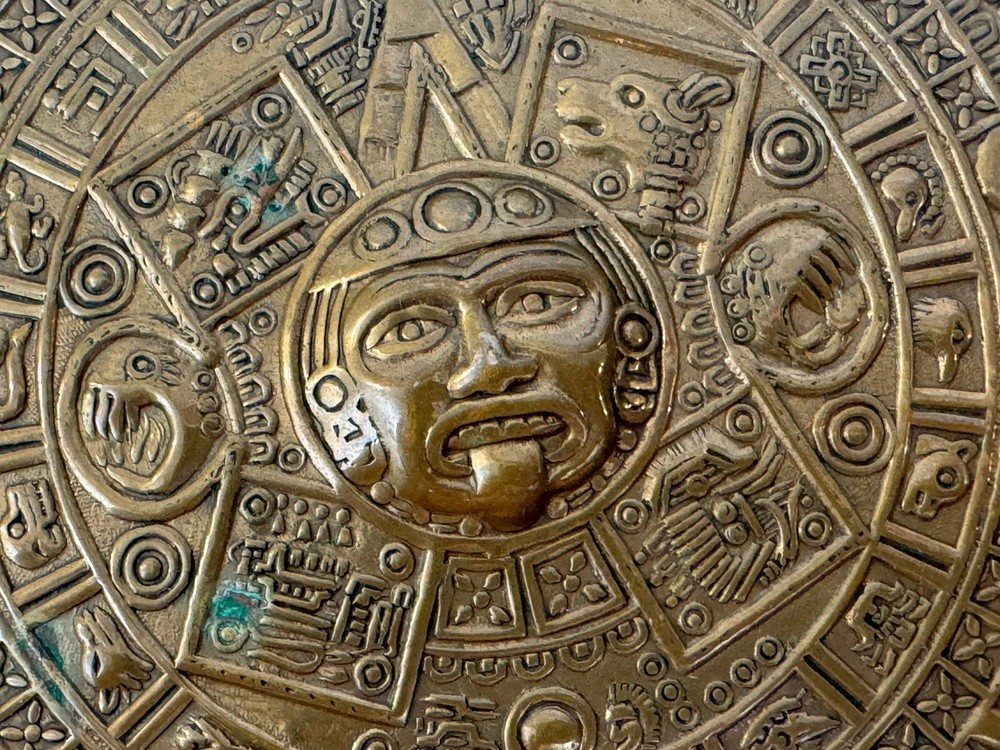 Vintage Solid Copper Embossed Mayan Aztec Inspired Round Wall Hang Plate 11"