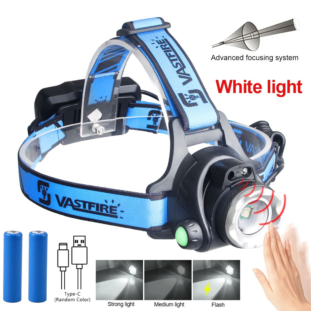 Predator LED Headlamp Torch Sensor White Camping Light USB Rechargeable Zoomable