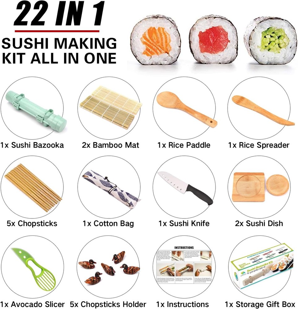 Sushi Making Kit, 22 in 1 Roller Maker Kit with Medium, Green