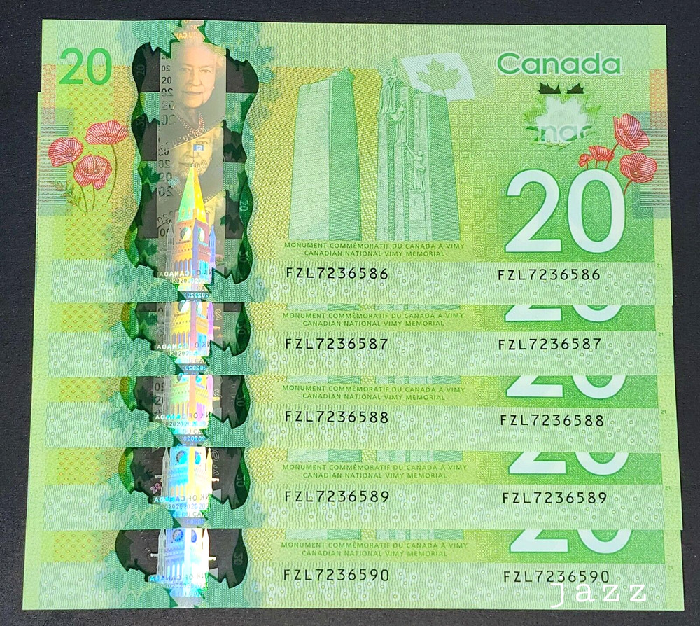 SET 5x 2012 Canada Banknote $20 Twenty Dollar Polymer Sequential Order UNC