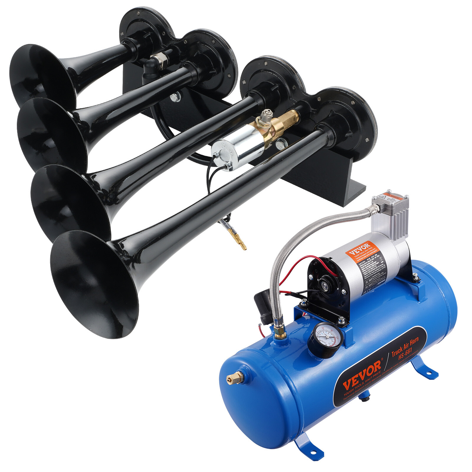 VEVOR Train Horns Kit 4 Trumpet Air Horn Kit 120 psi Air Compressor 1.6 Gal Tank