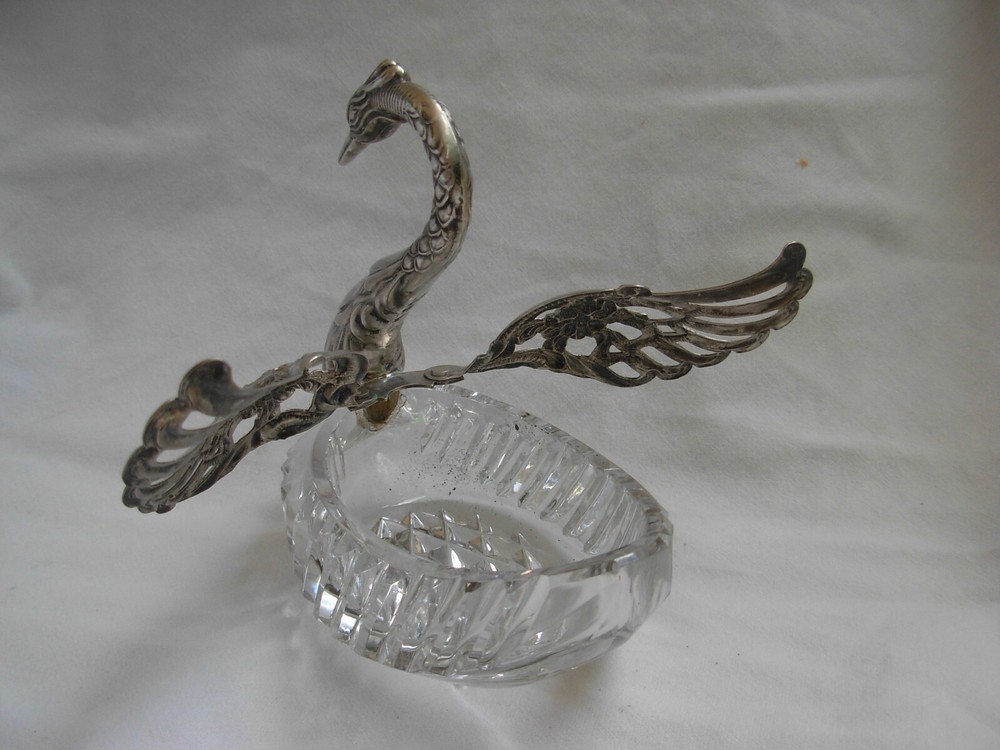 ANTIQUE SOLID SILVER CUT CRYSTAL SALT CELLAR,SWAN SHAPE,20th CENTURY.