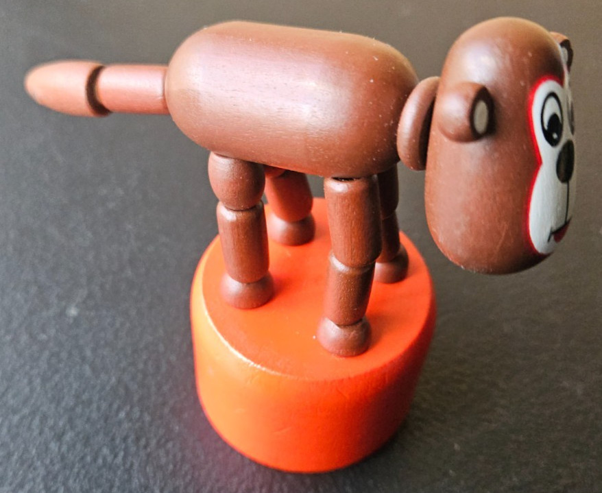 MONKEY WOOD PUSH UP PUPPET. PLAY OR DISPLAY. VIBRANT COLORS