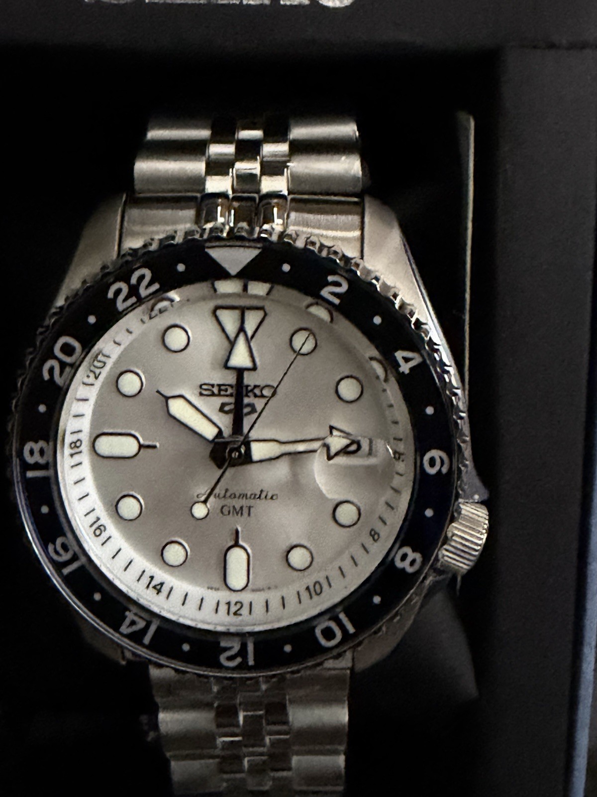 Seiko 5 Sports GMT Automatic Blue Men's Watch White Dial Full Set - SSK003