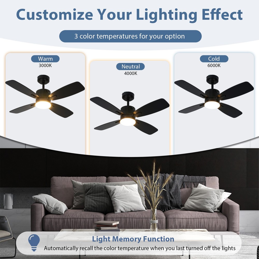 42" Ceiling Fan w/ Light & Remote 3CCT LED w/ Memory & 4H Timer Black