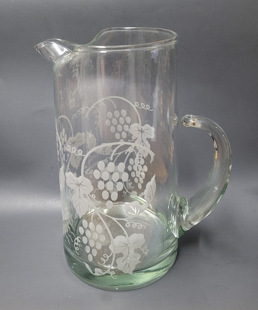 Mid-Century Modern Glass Pitcher with Grape Vine Pattern