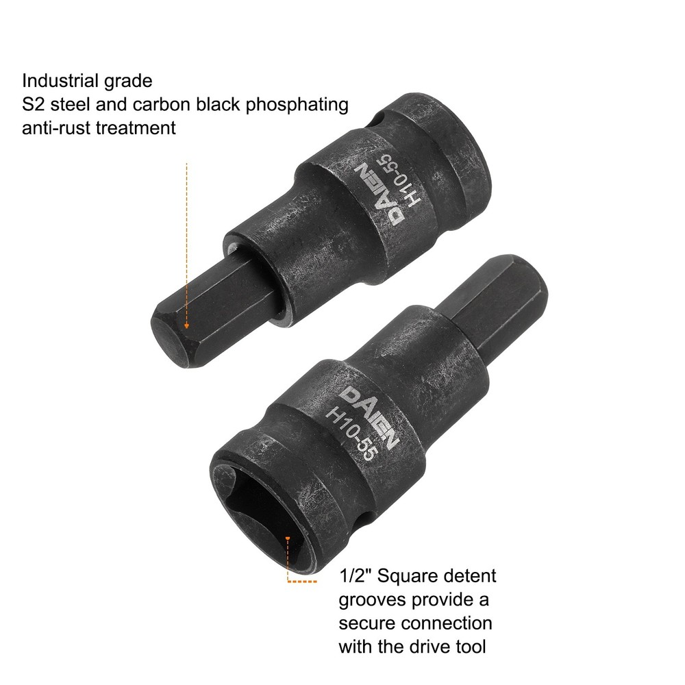 2pcs H10 Hex Bit Socket 55mm Length 1/2" Square Metric Impact Bit, Black