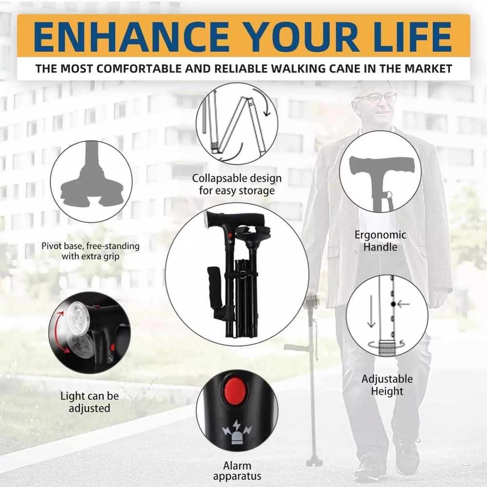 1PC Durable Aluminum Adjustable Walking Cane 4-Section Collapsible Design