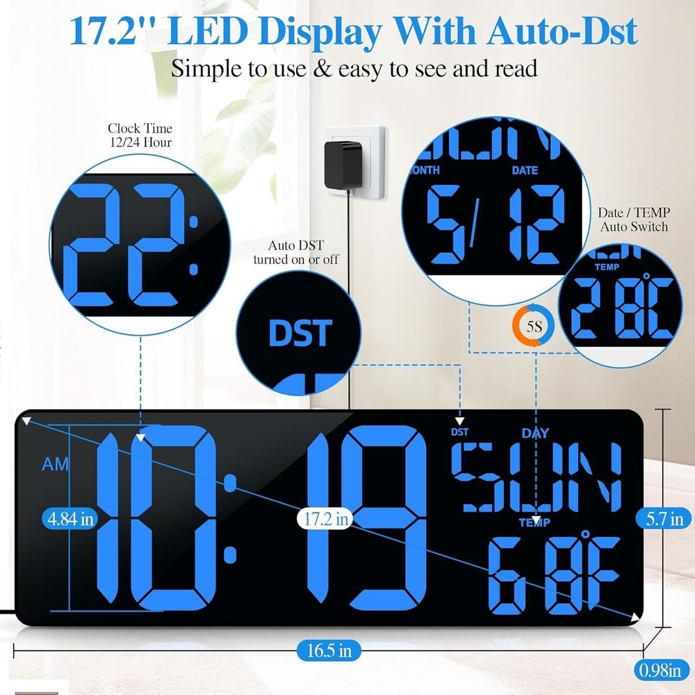Large Digital Wall Clock with Remote Control 17.2" LED Large Display Timer US
