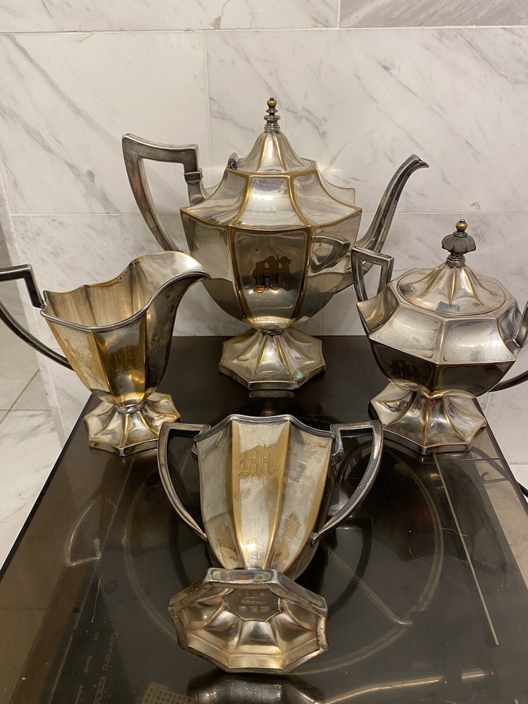 BSCEP Art Deco Silverplate Tea Pot Set of 4 Monogrammed