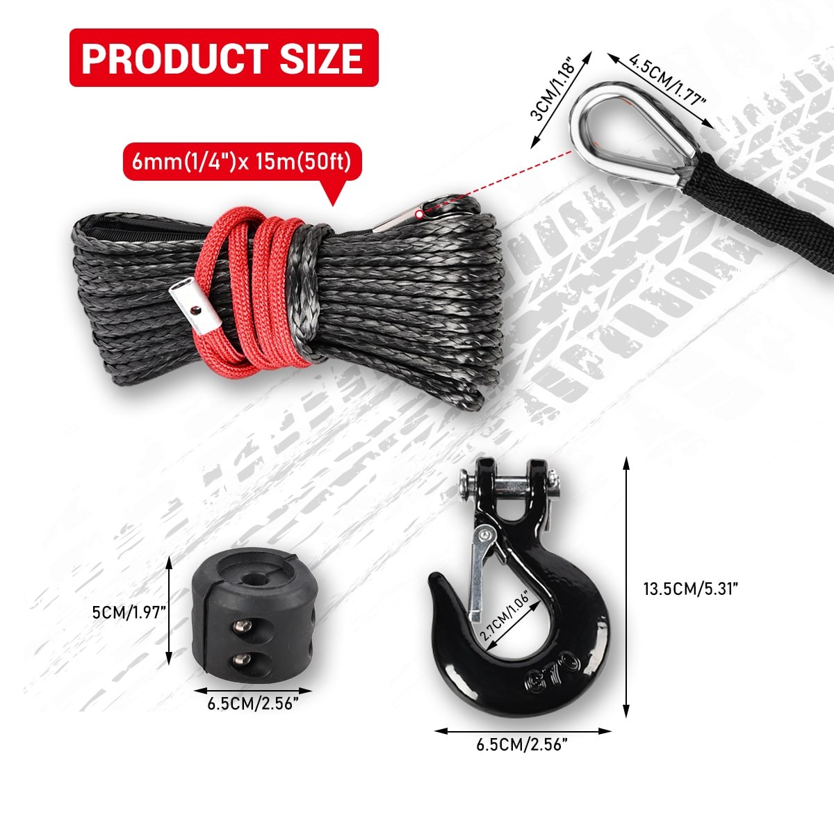 Synthetic Winch Rope Kit, 1/4'' x 50FT w/ 10000 lbs Strength, Protective Sleeve