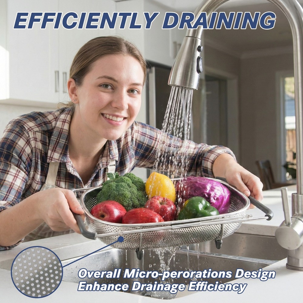tatsyWay Over The Sink Colander Stainless Steel Oval Fine Mesh Strainer Kitchen