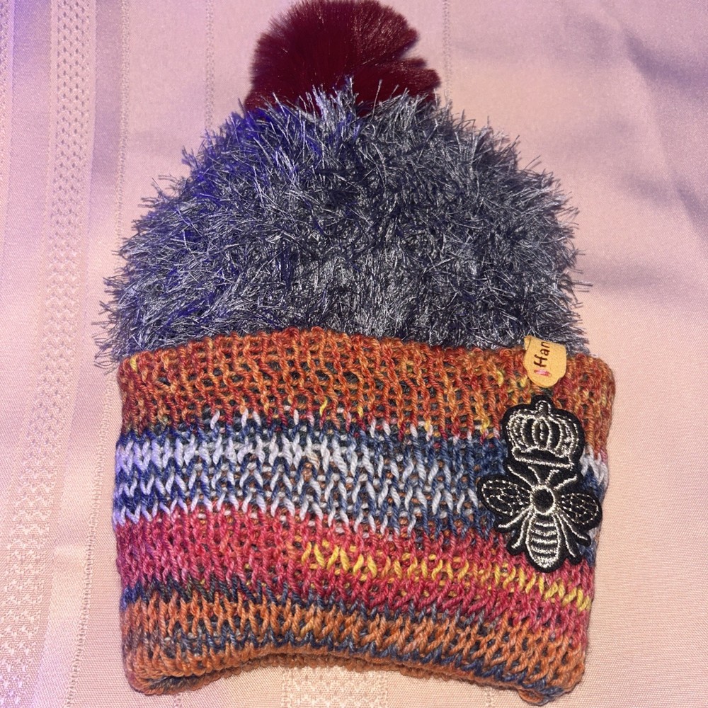 Hand Crocheted Beanie Hat with bee patch