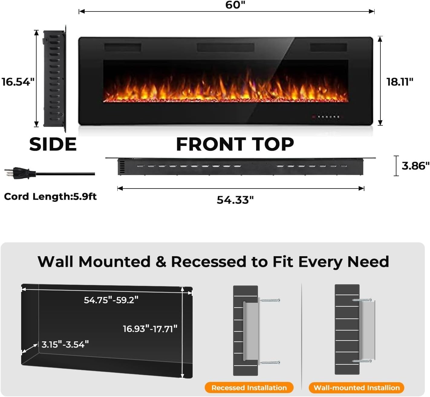 60" Electric Fireplace Recessed and Wall Mounted, 750/1500W Ultra-Thin Electric