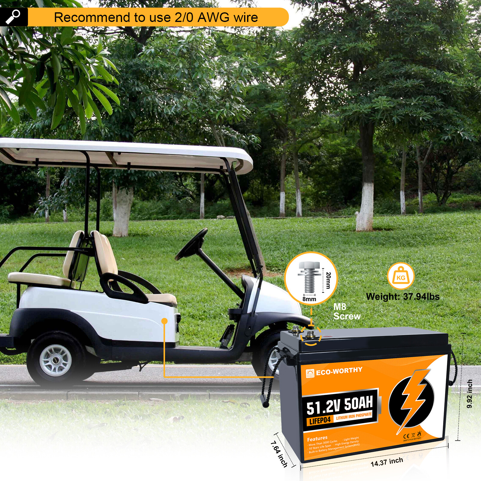 ECO-WORTHY 48V 50Ah Golf Cart LiFePO4 Lithium Battery Certified Refurbished