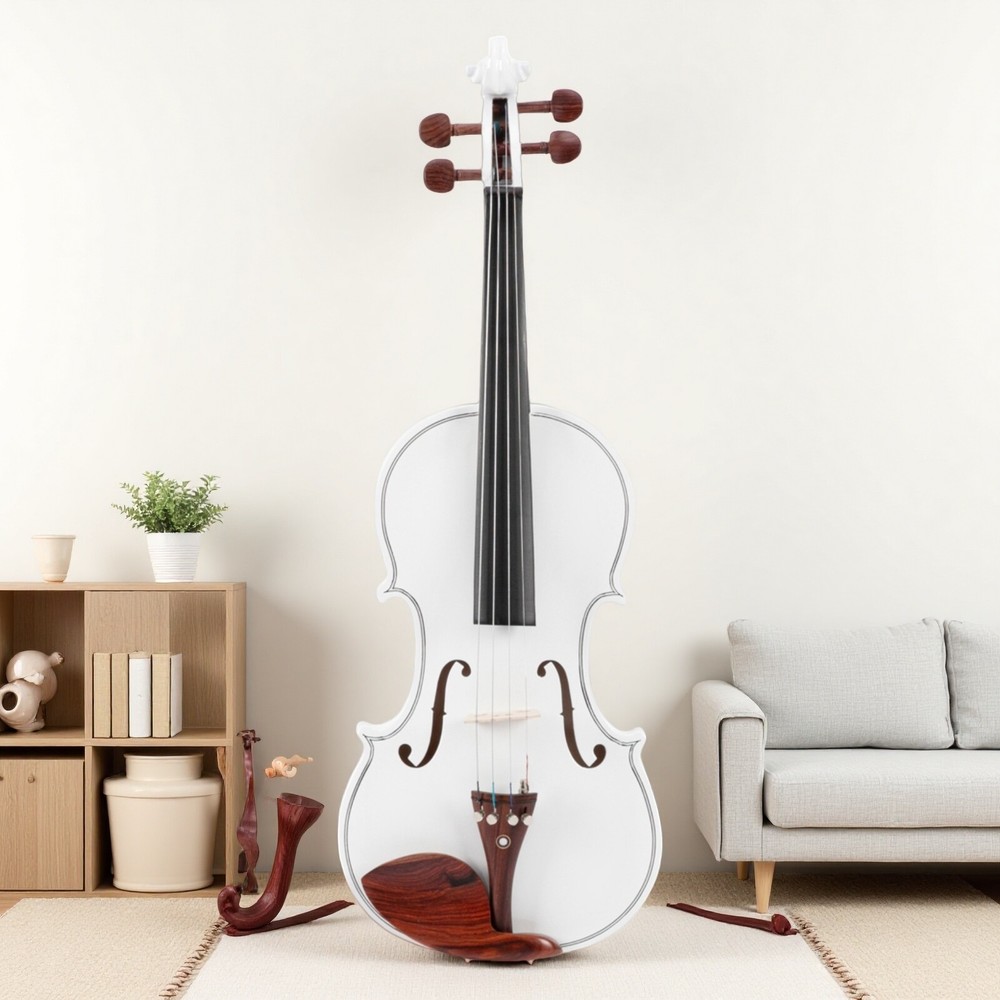 4/4 Solid Spruce Top Acoustic Beginner Violin Set - Tuner, White, Shoulder Rest