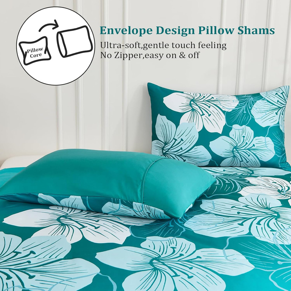 Queen Comforter Set Gradient Teal Bedding Floral Comforter Sets - Soft Microfibe